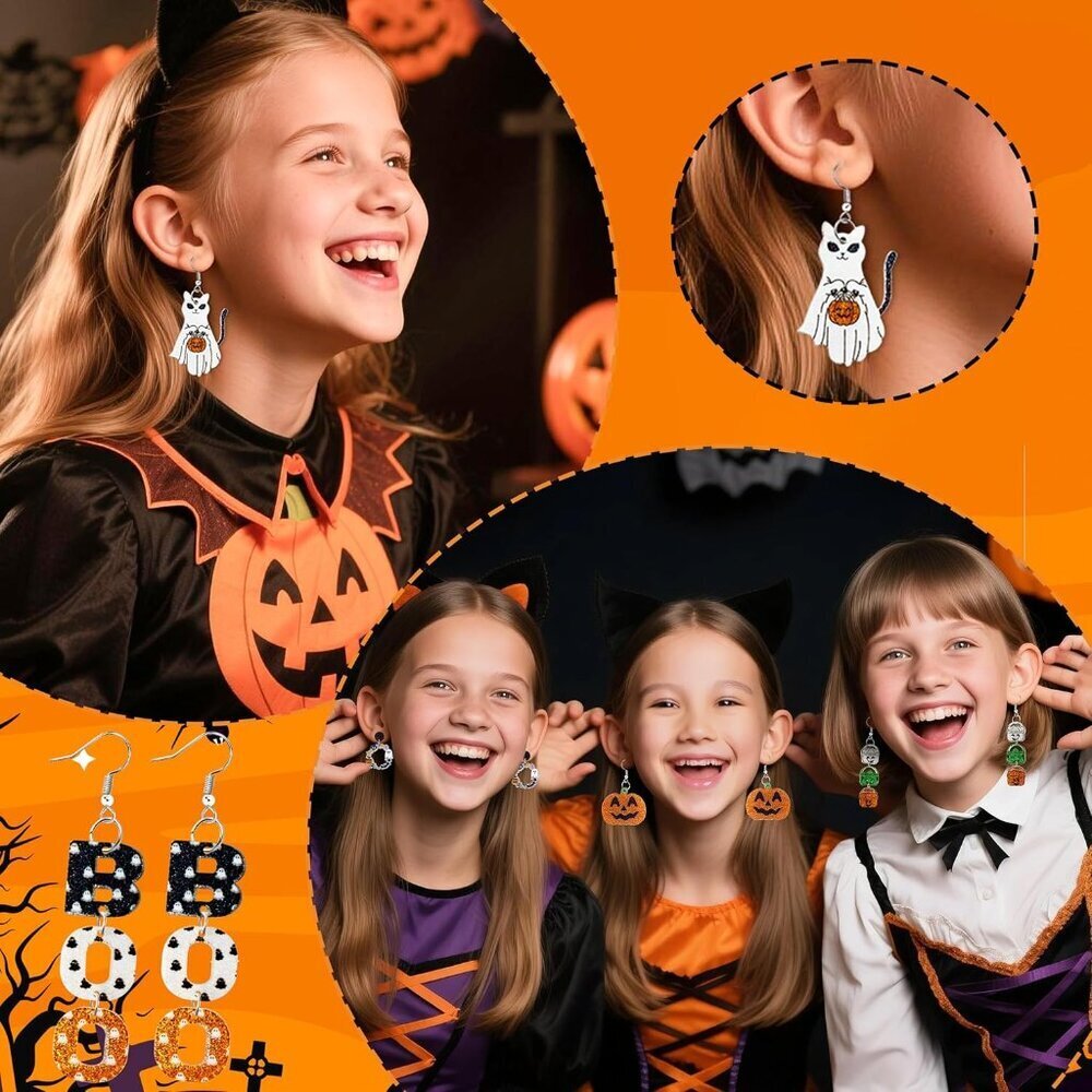 Halloween Glitter Acrylic Earrings Set 9 Pairs Festive Drop Dangle Jewelry - Picture 6 of 6